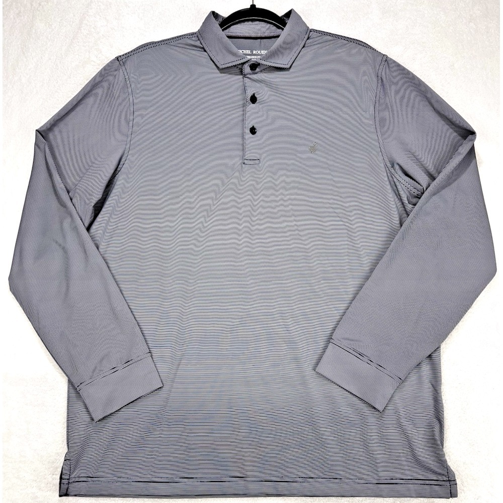 Michel Rouen Performance Polo Men L Slate Blue‎ Striped LS NWOT